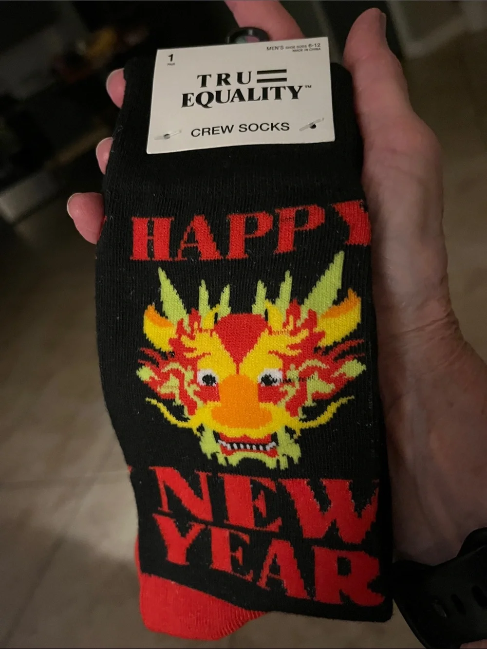 Black Crew Socks with Red & Yellow Dragon 'Happy New Year'